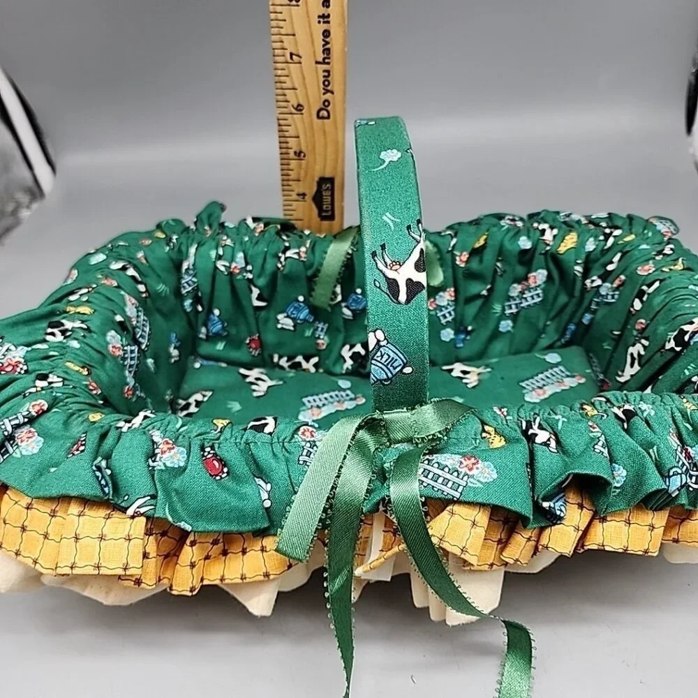 Vintage Farmhouse Country Decor Fabric Basket With Handle- Estate Find